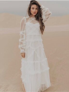 Untamed Petals Dreamer Maxi Dress White Small NWT Sheer Ruffle Bridal Boho